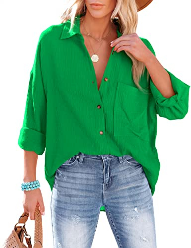 NONSAR Chemisier décontracté à col en V pour Femme 100% Coton Coupe Ample Couleur Unie épais élégant avec Poche