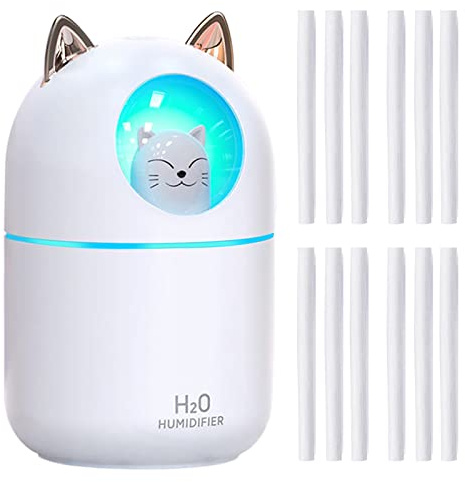 Cute Portable Cool Mist Humidifier with 12 Pcs Filter Cotton Sticks, 7 Color Night Light, USB, for Bedroom, Office, Desk, Car, Travel (White)