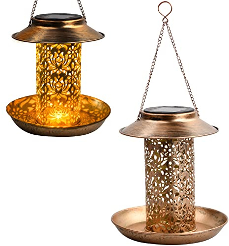 Solar-Vogelfutterstation, Wasserdicht Futterspender für Vogelfutter, Metall Vogelfutterspender mit Haken, Hängender Vogel Futtersäule, Solar-Vogelhäuschen für Draußen Balkon Garten Hof Terrasse