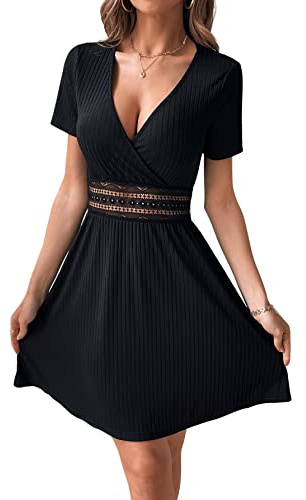 GORGLITTER Vestido de verano para mujer, cuello en V, elegante, informal, con encaje, para mujer, Negro , S