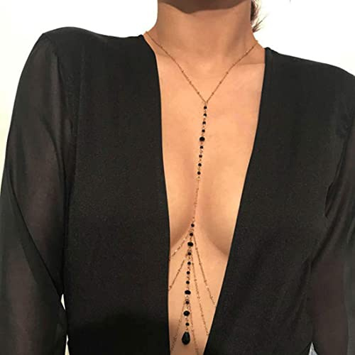 Prosy Layered Black Bead Bra Chain Body Chain Beach Body Jewelry Party for Women and Girls (Silver)