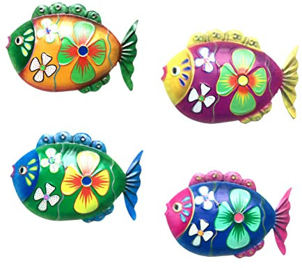 4PCS Metall Fisch Wanddekoration, Hängende Meerestiere Figur Wandskulpturen Ozean Thema Fisch Ornament für Geburtstag Hochzeit Weinachten Garten Zimmer Terrasse Veranda Wand Deko, 18.5cmx13cm
