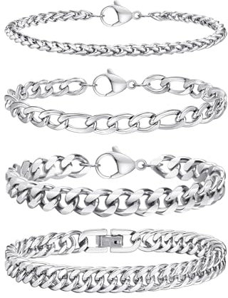 TempBeau Armband Herren Silber Armreif : 4Pcs Armbänder für Männer Edelstahl 21cm Armreif Panzerkette Hip Hop Rapper Glieder Link Armkette Modeschmuck fur papa freund Schmuck Geschenk