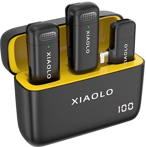 XIAOLO Lavalier Mikrofon für Android phone mit Ladehülle 10h,Mikrofon kabelloses für klare Audioaufnahmen für Vlog,YouTube,Interview,3 Modi Rauschunterdrückung (IOS Port, yellow)