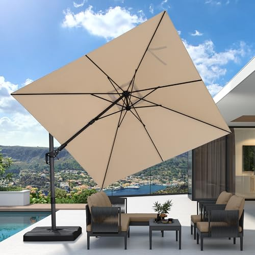 PURPLE LEAF Parasol Déporté 3 x 3 m Beige Inclinable avec Pied de Croix | Inclinable des deux côtés, S’adapte à la course solaire, 5 niveaux d’inclinaison, Anti-UV, Parasol de jardin extérieur