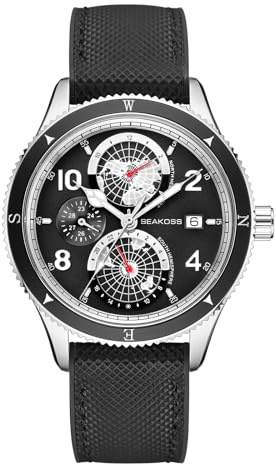 SEAKOSS Automatische mechanische Tauchuhr für Herren, Kalender, Monat, Jahr, Super-C3, leuchtendes Zifferblatt, Welt, Erde, Nord-Süd-Hemisphäre, 100 m Taucharmbanduhren, Schwarzes Zifferblatt und