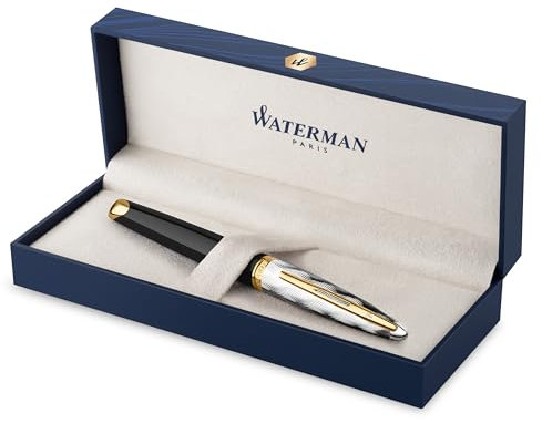 Waterman Carene Füller | Metall und schwarzer Lack mit goldenen Zierteilen, ziselisierte Kappe | Füllfederhalter mit mittlerer 18 kt Goldfeder | Geschenkbox