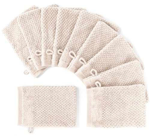Pure Label 10-TLG. Waschhandschuh Set 16x21cm mit Anhängeschlaufe aus 100% Baumwolle, saugstark, weich und Oeko-TEX Zertifiziert - 10 Waschlappen aus Baumwolle, Creme