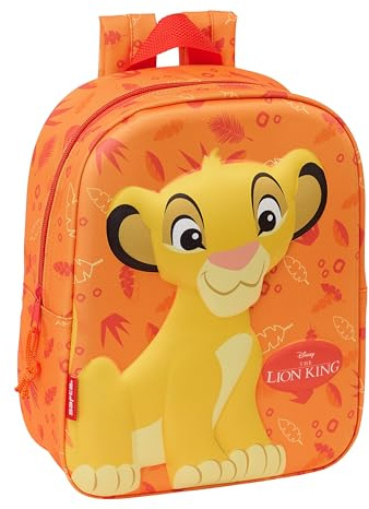 Safta EL REY LEON 3D - Mochila de Guardería 3D, Adaptable a Carro, Fácil Limpieza, Ideal para Niños de Diferentes Edades, Cómoda y Versátil, Calidad y Resistencia, 22x10x27 cm, Color Naranja