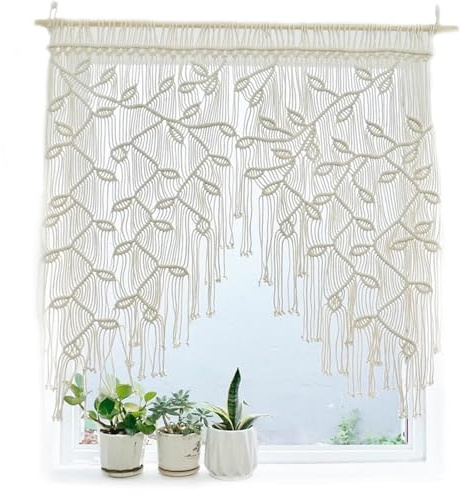 NIDONE Cortinas correderas de Macrame Boho Hojas Tejidas Cortas Cortinas de Bistro Bistro colorta de Puerta de Macrame Cortina Corta Corta para Sala de Estar Puerta de balcón, cenario de Macrame