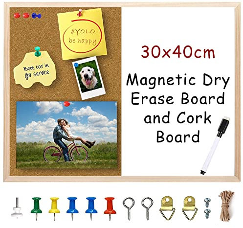 Cork Boards Magnetic White Board Combo, Small Dry Erase Bulletin Board, Vision Boards Memo Board Pin Board for Walls, Home, Office, Dorm, Goal, Remote Job, 30x40 cm Wood Frame Wall Boards, UK