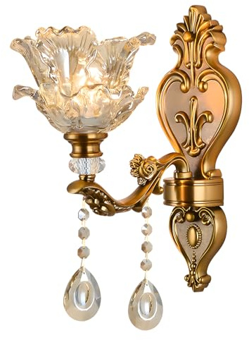Vintage Floral Wall Mount Lamp 1 Head Crystal Glass Shade Wall Sconce Light Retro Golden Bronze Color Decoration Metal Wall Lamp, Bedside Living Room Restaurant Stairs Hotel Bars (E14 Base, No Bulb)