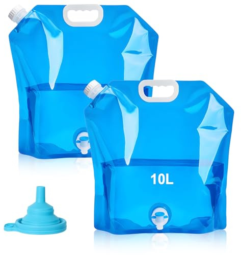 Votgutvo 2 Stück 10L Faltbarer Wasserkanister Faltbar mit Hahn Faltkanister mit Tragegriff BPA-Frei Wiederverwendbare Wasserbeutel für Outdoor Camping Wanderungen Picknicks(Mit Trichter)
