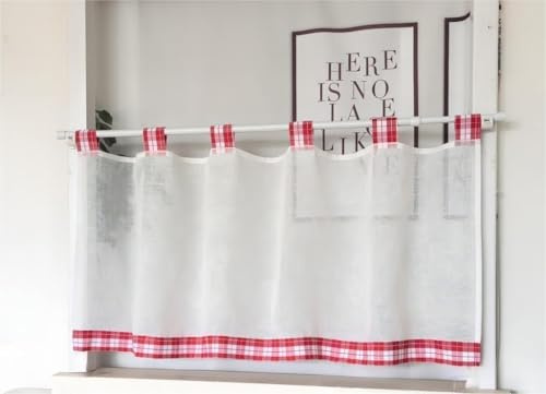 Vordesack Leinenoptik Scheibengardine mit farbigen Schlaufen HxB 45x60cm | Kurzstore Kleinfenster Küchengardine Halbtransparenter Fensterbehang Landhausstil für Küche, Bad und Café 1 Stück Rot