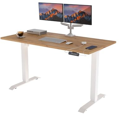POKAR Höhenverstellbarer Schreibtisch Höhenverstellbar Elektrisch Bürotisch mit Tischplatte (Weiß + Golden Craft Eichen, 140 x 70)