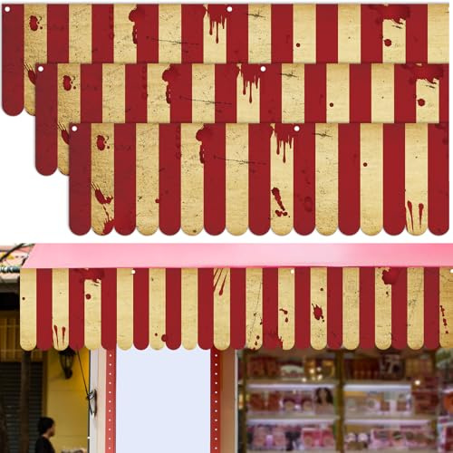 Halloween Circus Awning Decorations Horror Carnival Party Awning Circus Bloody White and Red Striped Pennant Banner Creepy Carnival Tent for Halloween Eve Theme Party Decorations