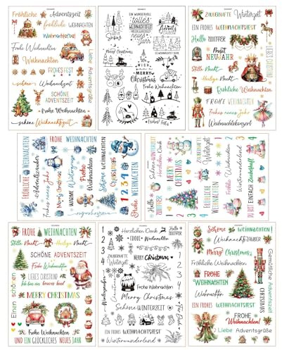 Rub Sticker Weihnachten | Weihnachten Kerzentattoos Rub Stickers | 8 Blatt Transferaufkleber Zum Aufreiben, Für Möbel, Glas, Scrapbooking, Basteln Deko