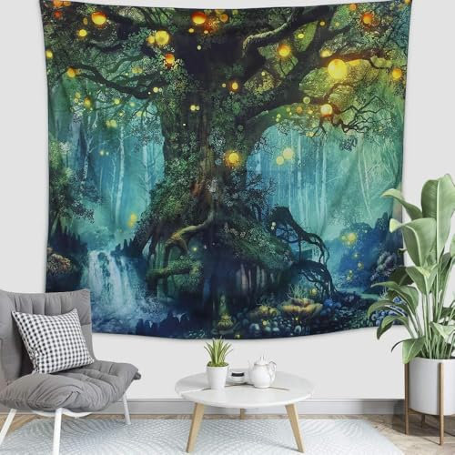 FENGZHU Wandbehang Tapisserie Baum des Lebens im psychedelischen Wald unter Stern Mond Nacht (150 x 200 cm)