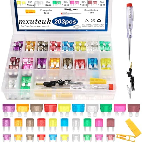 mxuteuk 203Pcs Car Fuses Assortment Kit with Fuse Puller and Circuit Tester - Standard & Mini & Low Profile Mini Fuse Kit (3A 5A 7.5A 10A 15A 20A 25A 30A 35A 40A)