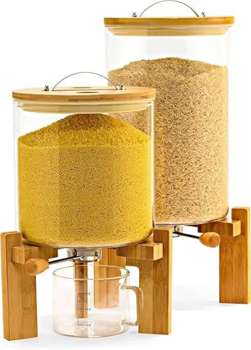 Airtight Rice Dispenser and Cereal Container - 5L/7.5L with Wooden Stand, Glass Storage, and Freshness Lid for Pantry Organization(7.5L)