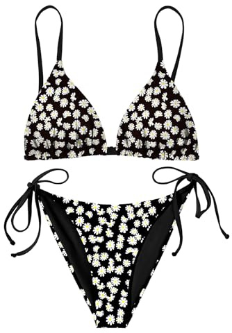 Nadeer Bikiniset för kvinnor sexig triangel justerbar badmode blommönster tvådelad baddräkt rygglös bikiniöverdel låg midja snörning på sidan bikini, svart, M