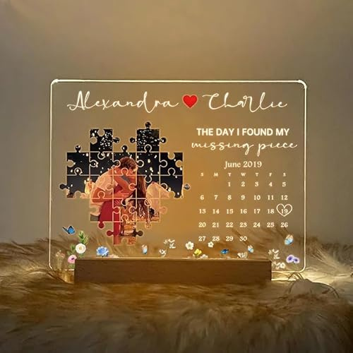 The Day I Found My Missing Piece Light Frame Custom Couple Photo Frame with Night Light Personalized Calendar Acrylic Puzzle Plaque Picture Gifts for Men Women Wedding Anniversary (None)