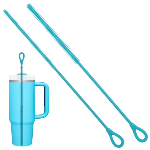 Cabipeove 2Pcs Silicone Straw Cleaner Brush,9.84in Reusable Straw Cleaner with Bendable steel core,Extra Long Soft Bottle Brush for Clearing Glass Straws,Smoothie Straws,9mm&6mm (Blue)