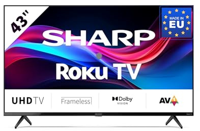 SHARP 43GJ4225E - 43 Zoll Fernseher (108 cm) 4K Ultra HD Roku TV - Gaming & Streaming LED Smart TV ohne Rahmen (HDR10, HDMI 2.1, AV1-Codec, Receiver, WLAN) - Netflix, Prime, Youtube, Disney+, Apple TV | 4K Ultra HD, Roku TV