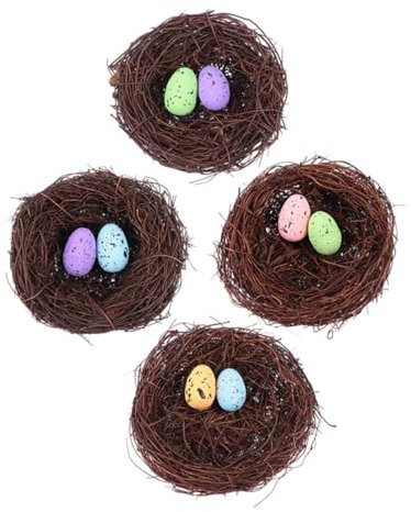 SEWOART 4 Sätze Kunstliche Vogelnest-Dekorationen Ostereier Rattan-Nester Osterszenen-Dekorationen Fuer Innen Und Aussenbereich