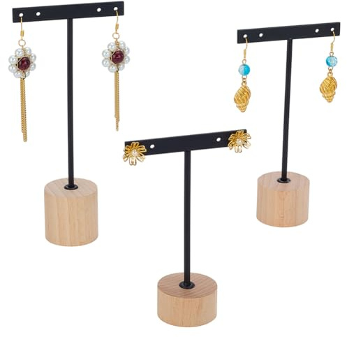 FINGERINSPIRE 3 Pcs Présentoir de Boucles D'Oreilles en T en Métal Noir Hauteur 12/14.5/16.8cm Support pour Bijoux Avec Base Ronde en Bois pour la Vente Au Détail D'Accessoires de Photographie