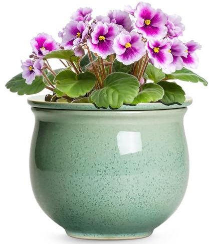 Teagas Ceramic Self Watering Pots, 6 Inch African Violet Pots with Absorbent Inner Pot, Round Self Watering Planter for Indoor Plants, Ceramic Pot for Plants, House Decor, Gifts for Women Men, Green
