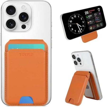 TOYFID Brown Magnetic Card Holder, RFID Phone Stand Wallet | Bifold card case with ID window, holds 5 cards. Magnetic mount works as phone stand. Secure RFID protection for daily carry.
