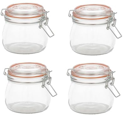 pcmoviles - Pack de 4 Tarros Herméticos de Vidrio Primizie | 500 ml | Con Junta de Goma y Cierre Metálico | Botes Multiusos para Conservas, Legumbres, Especias, Pasta y Cereales