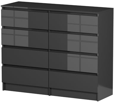 LSBIKE Schubladenschrank Mit 6/7/8 Schubladen, Hochglanz Moderne Kommode Mit Schubladen,Stabiler Komodenschrank & Sideboard Für Schlafzimmer, Wohnzimmer, Kommoden Als Sideboards (8 Schubladen Schwarz)