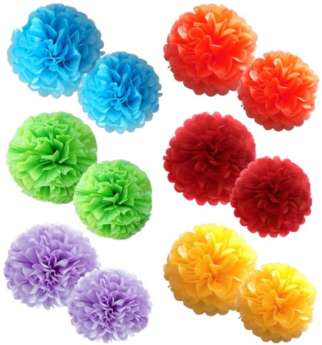 THQAE 12 Pezzi Pompon di Carta, Pompom Multicolore, Pompon di Fiori di Carta Velina da Appendere, Decorazioni per Feste, Matrimoni, Tavoli e Compleanni