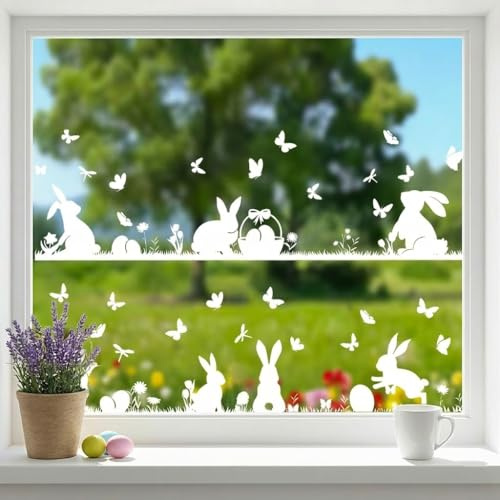 Fensterbilder Ostern, Fensterbilder Frühling Selbstklebend, 6er Set Oster Fensterdeko mit Hasen & Schmetterlingen, Osterdeko für Fenster & Glasflächen