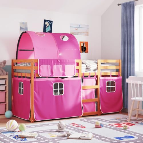 LoogCape Pink Bunk Bed for Kids, 90x190 cm Single Solid Pine Wood Frame, Children's Playhouse Design with Curtains, Sturdy Ladder, Safety Rails