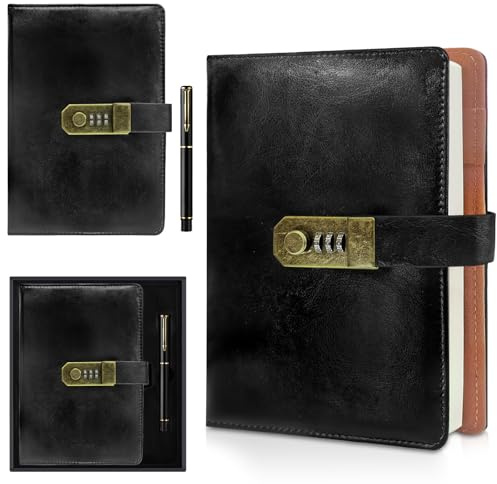 AMFUN Diario con cerradura, diario A5 de cuero sintético, cuaderno con contraseña de 200 páginas con Bolígrafo y Caja de Regalo para hombres y mujeres, 8.6×5.8 in, negro