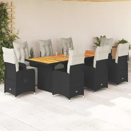 LoogCape 9-TLG. Garten-Bistro-Set Schwarz, verstellbare Rattan-Sessel mit Fußteil, Akazienholz-Tisch, cremeweiße Kissen, UV-beständig, für Terrasse, Balkon, Garten