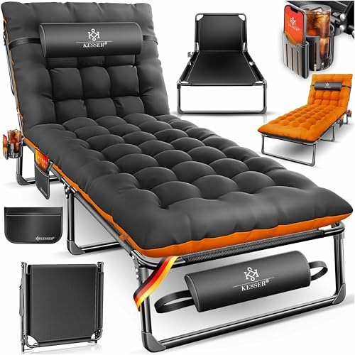 KESSER® Campingbett Feldbett klappbar 190x68x30cm bis 250kg belastbar aus Oxford-Gewebe & stabilem Stahlgerüst, Sonnenliege für Camping inkl. Tragetasche, Nackenkissen, Seitentasche & Getränkehalter