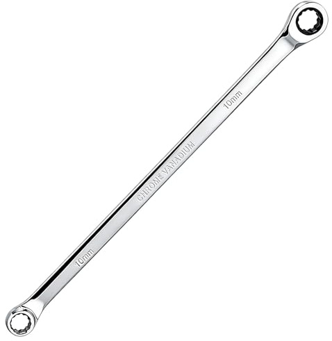 TIBOO DAY Extra Long Ratcheting Spanner, 10mm Metric Double Box End Spanner, 12 Point Box End Extra Long Wrench with CR-V Steel Body, 90-Tooth and 4° Swing for Auto Machine Repair