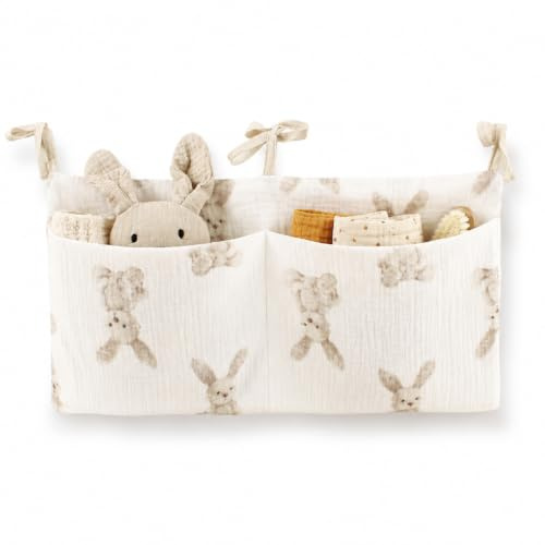 exylosluxek Organisateur de table à langer, poche de lit pour bébé, rangement suspendu à motif de lapin en mousseline de coton, 1 pièce