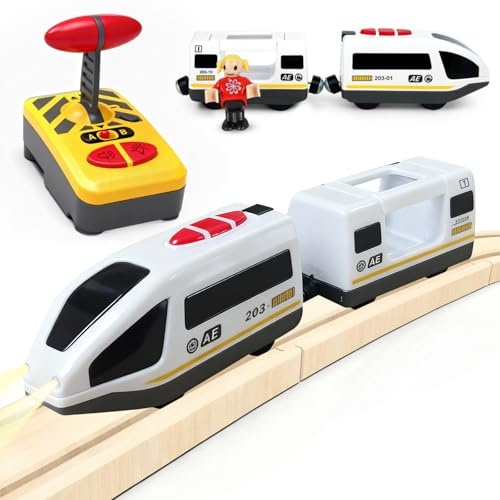 Dcceeo Train Électrique Enfant, Train de Locomotives à Piles avec Phares Avant et Son Train Telecommande Electrique pour Voie Ferrée en Bois, Compatible avec Thomas, Brio, Chuggington