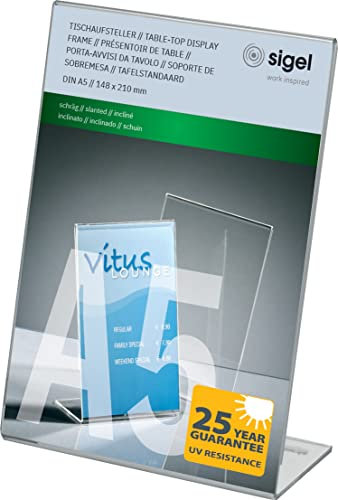 SIGEL TA212 Espositore da tavolo inclinato, 21,5x15x6,5 cm, per A5 verticale,, per bancone, ristorazione, ufficio, matrimonio, etc, resistente ai raggi UV, acrilico, trasparente, 1 pezzo
