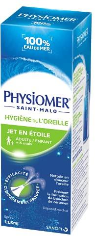 Physiomer Hygiène de l'oreille -Dispositif médical - Jet en étoile 100% eau de mer à partir de 6 mois - 115 mL