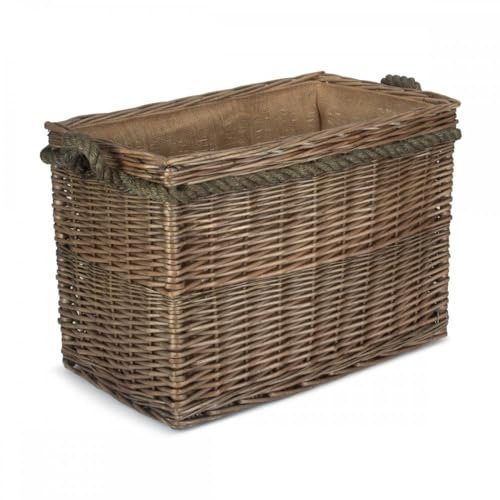 Panier à Bûches bois Rectangulaire En Canne Saule Doublure Toile Jute Finition Ancienne