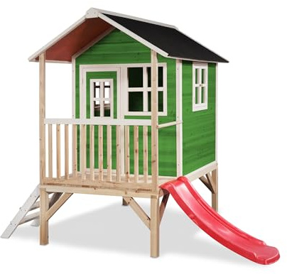 EXIT Toys Loft 300 trälekhus för utomhusbruk med rutschkana – trädgårdshus av trä för barn med vattentätt tak – enkel montering – 100 % FSC cederträ – 269 x 190 x 215 cm – grön