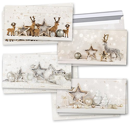 Logbuch-Verlag Weihnachtskarten Set 4 x 3 weihnachtliche Klappkarten Grußkarten Weihnachten gold silber grau Rentier Shabby Chic DIN lang mit Kuvert