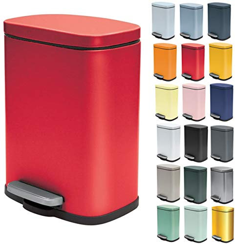 Spirella - Badezimmer Mülleimer mit Fußpedal Modell Akira - Hochwertiger Edelstahl - Leise Schließfunktion Easy-Close - Farbe Matt Rot - 5L - Badaccessoires