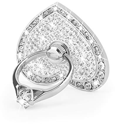 Cell Phone Finger Ring Stand with Sparkly Diamond, Nsiucion Heart Phone Ring Kickstand Holder [Washable] [Removable], 360°Rotation Zinc Alloy Ring Grip Stand for All Phones and Tablets (Silver)